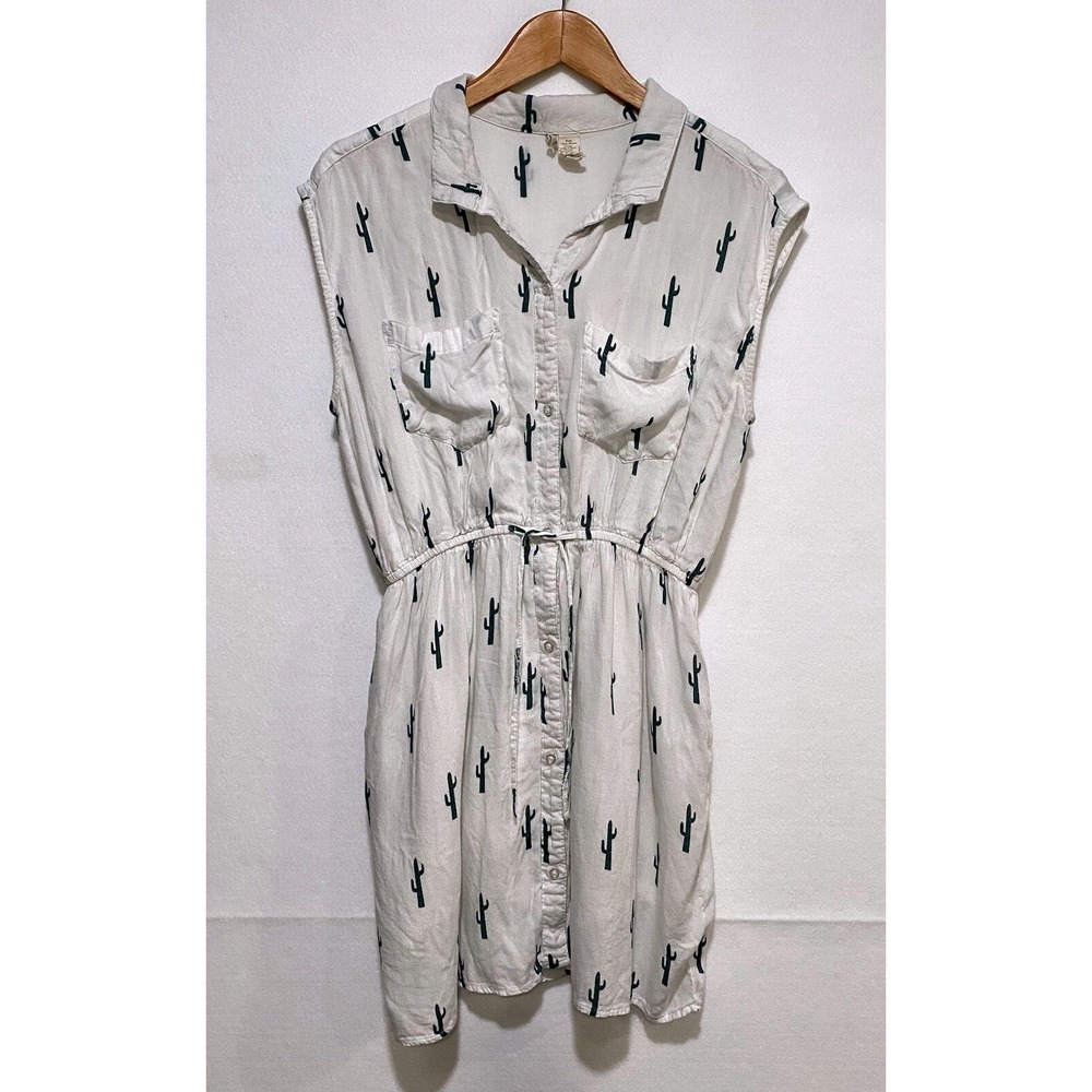 Japna Womens White Green Cactus Print Sleeveless Button Down Shirt‎ Dress Large